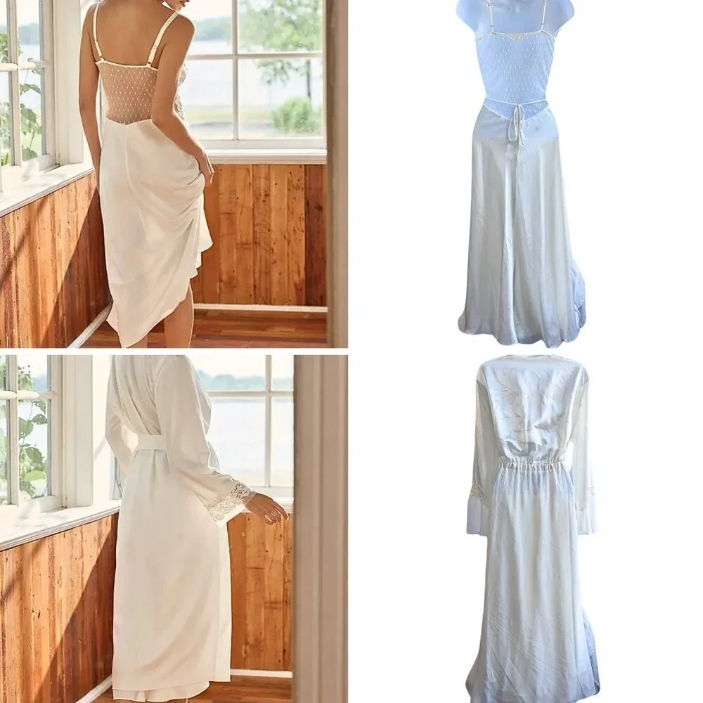 BHLDN FLORA NIKROOZ Ivory Showstopper Charmeuse Long Gown & Robe Bridal Set Sz L - Picture 9 of 10